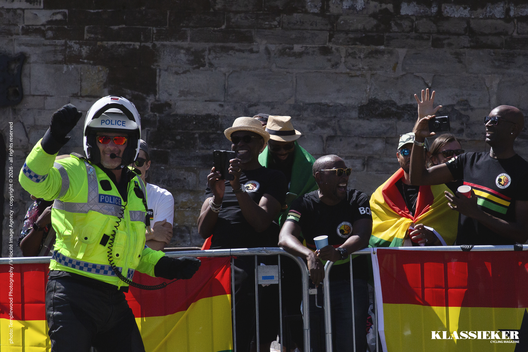 Birmingham 2022 - A policeman dances with the Ghanaian fans