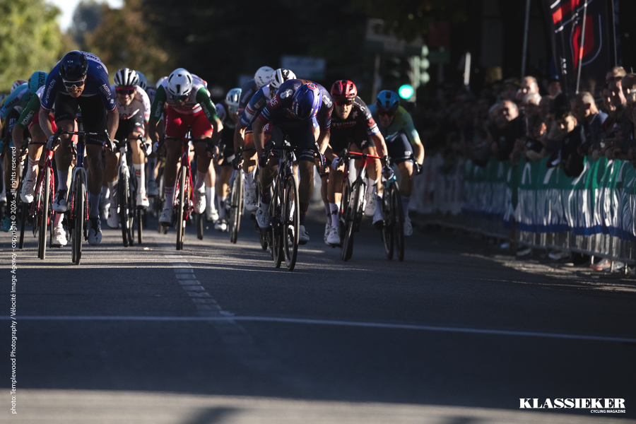 A tight bunch sprint at the 2025 Coppa Bernocchi caught in a patch of Autumn light
