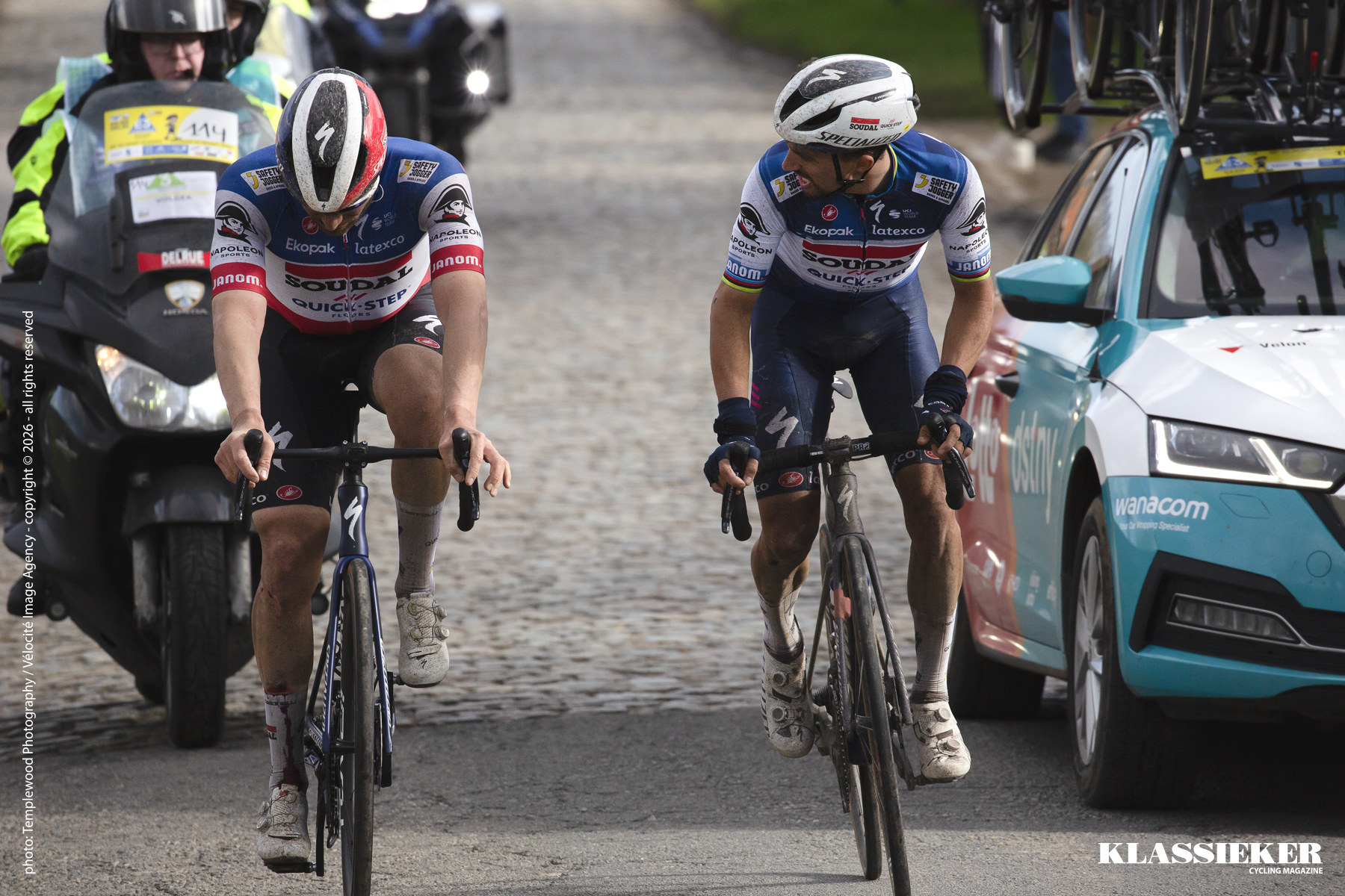 E3 Saxo Classic 2023 - Soudal Quick-Step’s Julian Allaphilipe encourages Florian Senechal who hangs his head on the cobbles of Mariaborrestraat