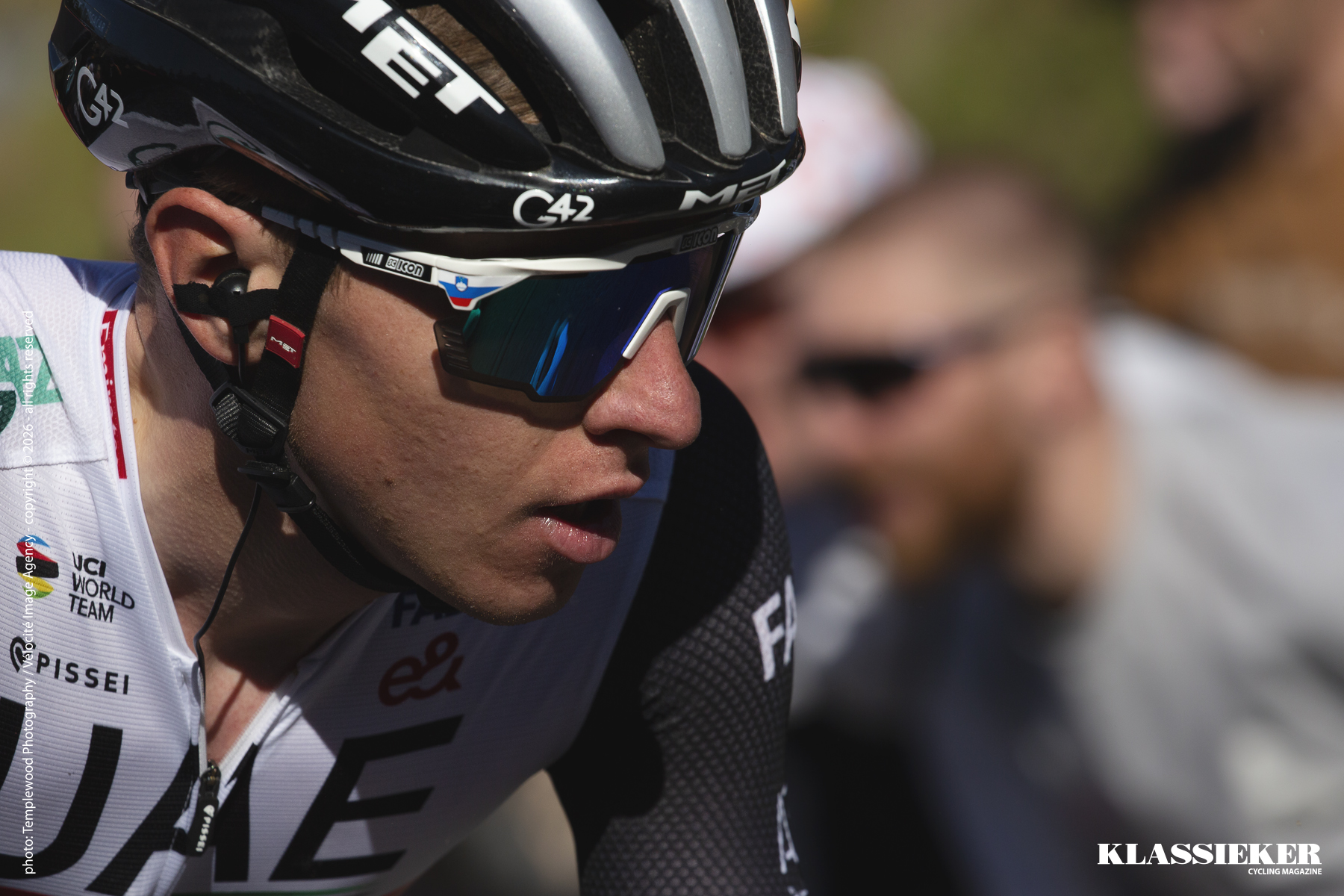 La Flèche Wallonne 2023 - Close up of Tadej Pogačar of UAE Team Emirates as he ascends the Mur de Huy