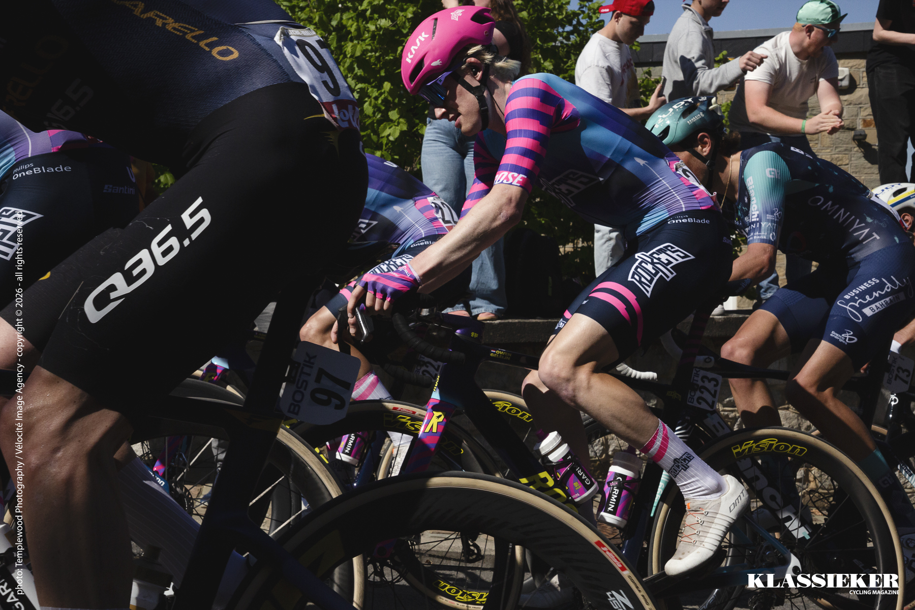 Owen Geleijn of Unibet Rose Rockets on the Mur De Huy during the 2026 La Flèche Wallonne. The team’s bold colour scheme makes them easy to spot in the peloton