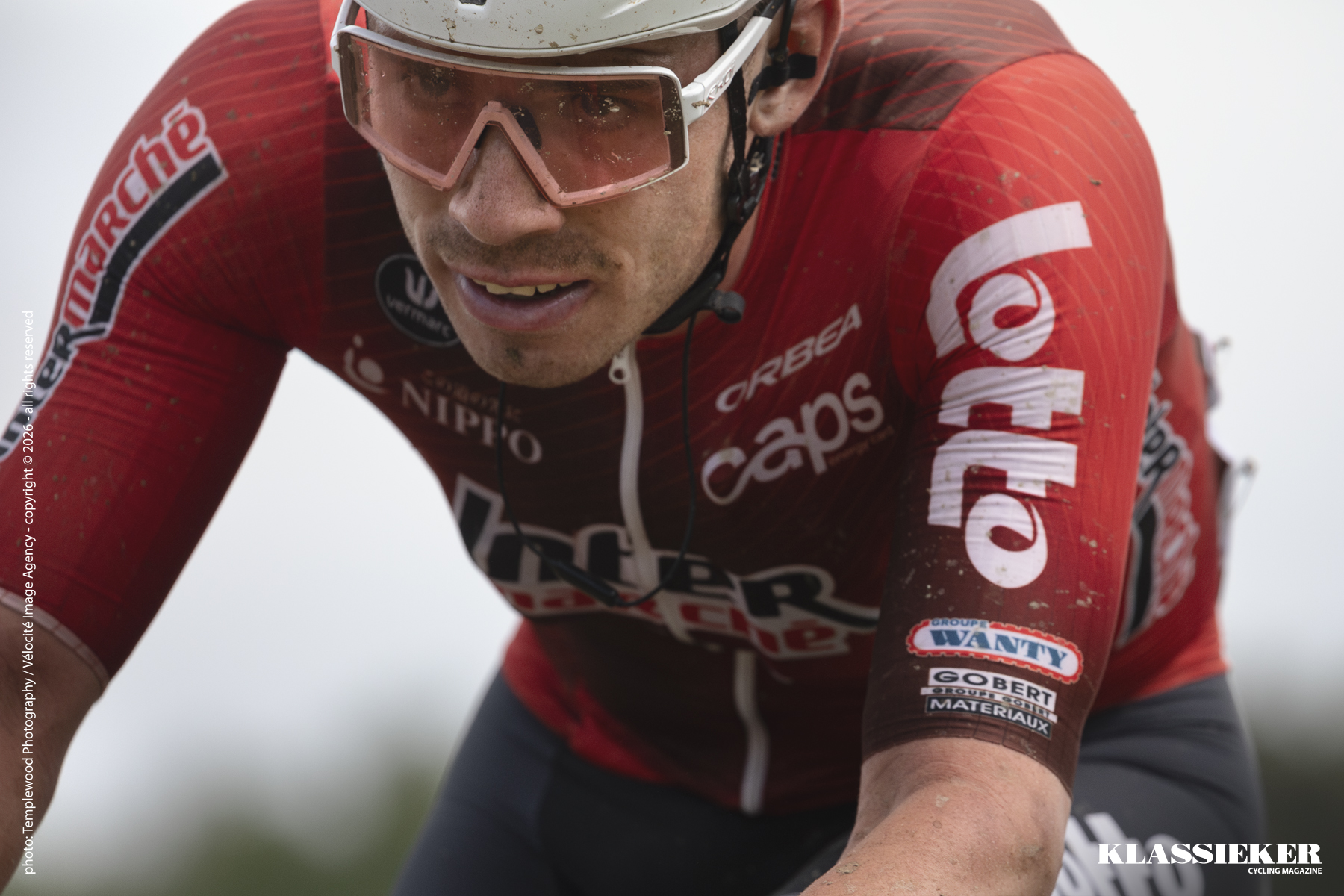 Tro Bro Leon 2026 -  A close up of Matthew Fox of Lotto Intermarché, his face splatted with mud from the race